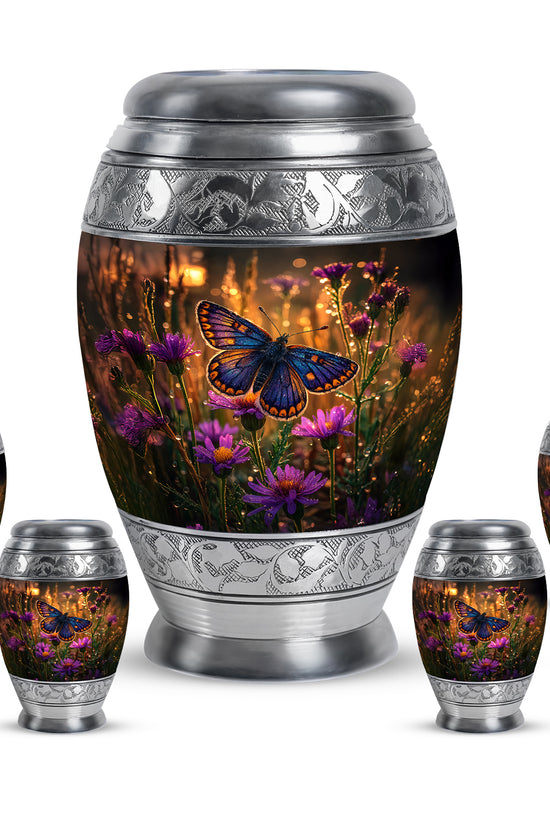 Harvest Gold Butterfly Cremation Urn detail view - majestic butterfly pattern with filigree border - memorial set with one large and four small urns