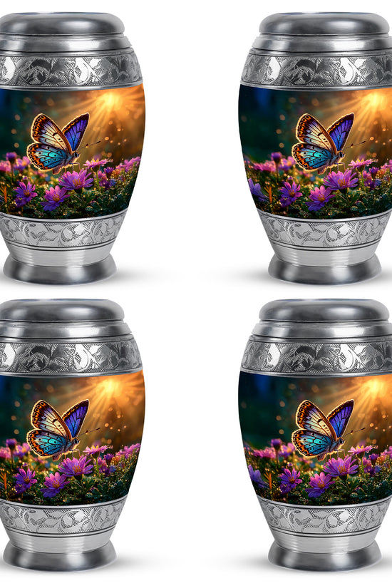 Antique Gold Butterfly Cremation Urn urn with complimentary velvet bag - ornate monarch-style butterfly relief on brushed aluminum - 10 inch aluminum urn for cremated remains