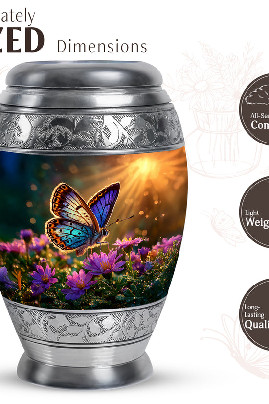Warm Gold Butterfly Cremation Urn lifestyle display on memorial shelf - royal butterfly engraving with decorative scrollwork - mini keepsake memorial for portion of cremation ashes
