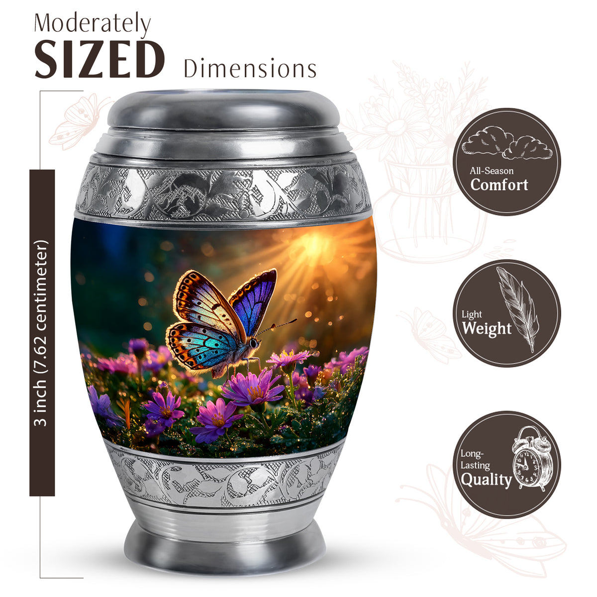 Warm Gold Butterfly Cremation Urn lifestyle display on memorial shelf - royal butterfly engraving with decorative scrollwork - mini keepsake memorial for portion of cremation ashes
