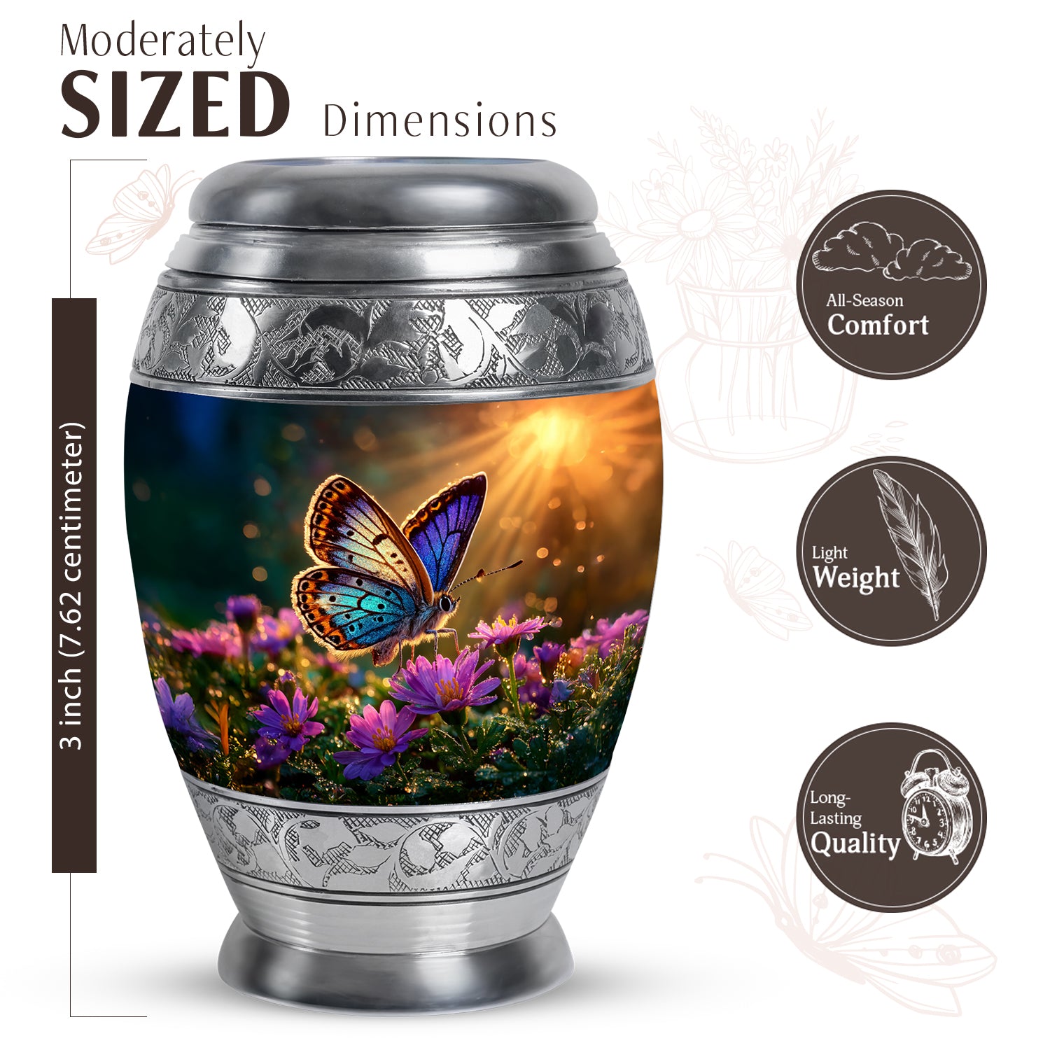 Warm Gold Butterfly Cremation Urn lifestyle display on memorial shelf - royal butterfly engraving with decorative scrollwork - mini keepsake memorial for portion of cremation ashes