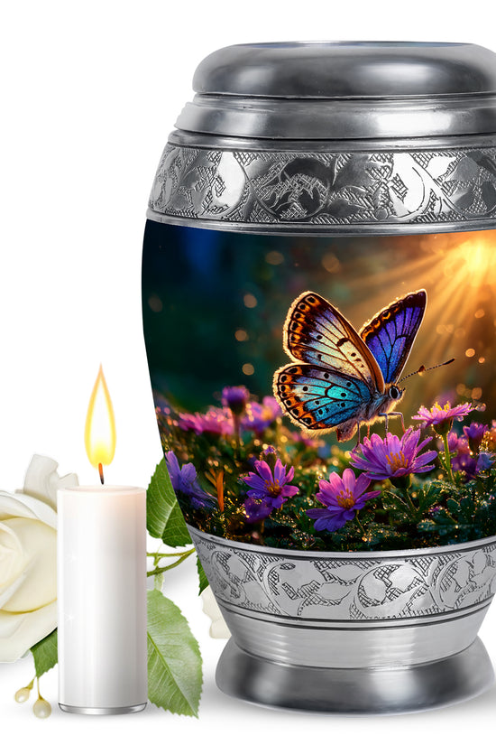 Gilded Gold Butterfly Cremation Urn back view with polished surface - ornate monarch-style butterfly relief on brushed aluminum - full-size 10 inch 200 cubic inch adult cremation urn