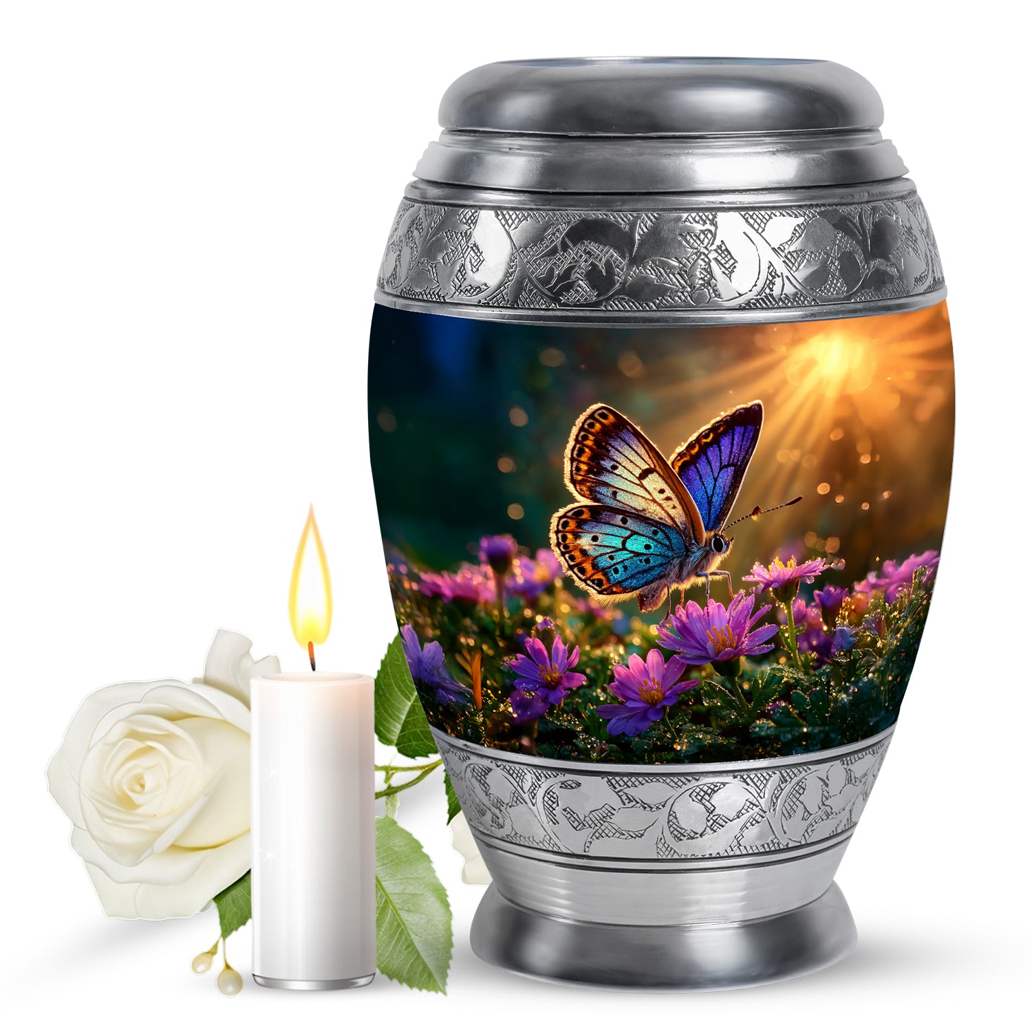 Gilded Gold Butterfly Cremation Urn back view with polished surface - ornate monarch-style butterfly relief on brushed aluminum - full-size 10 inch 200 cubic inch adult cremation urn