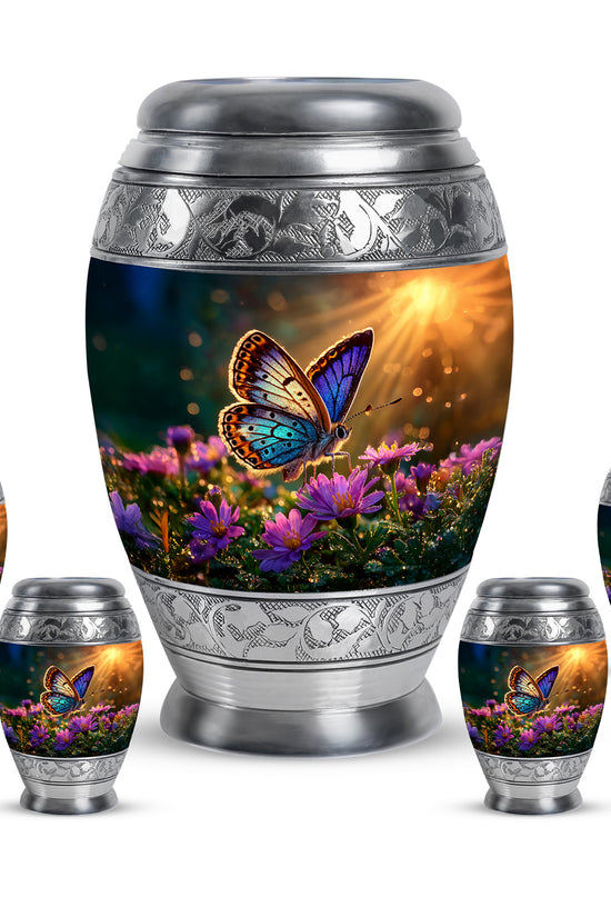 Gilded Gold Butterfly Cremation Urn detail view - regal butterfly design with crown-inspired accents - memorial set with one large and four small urns