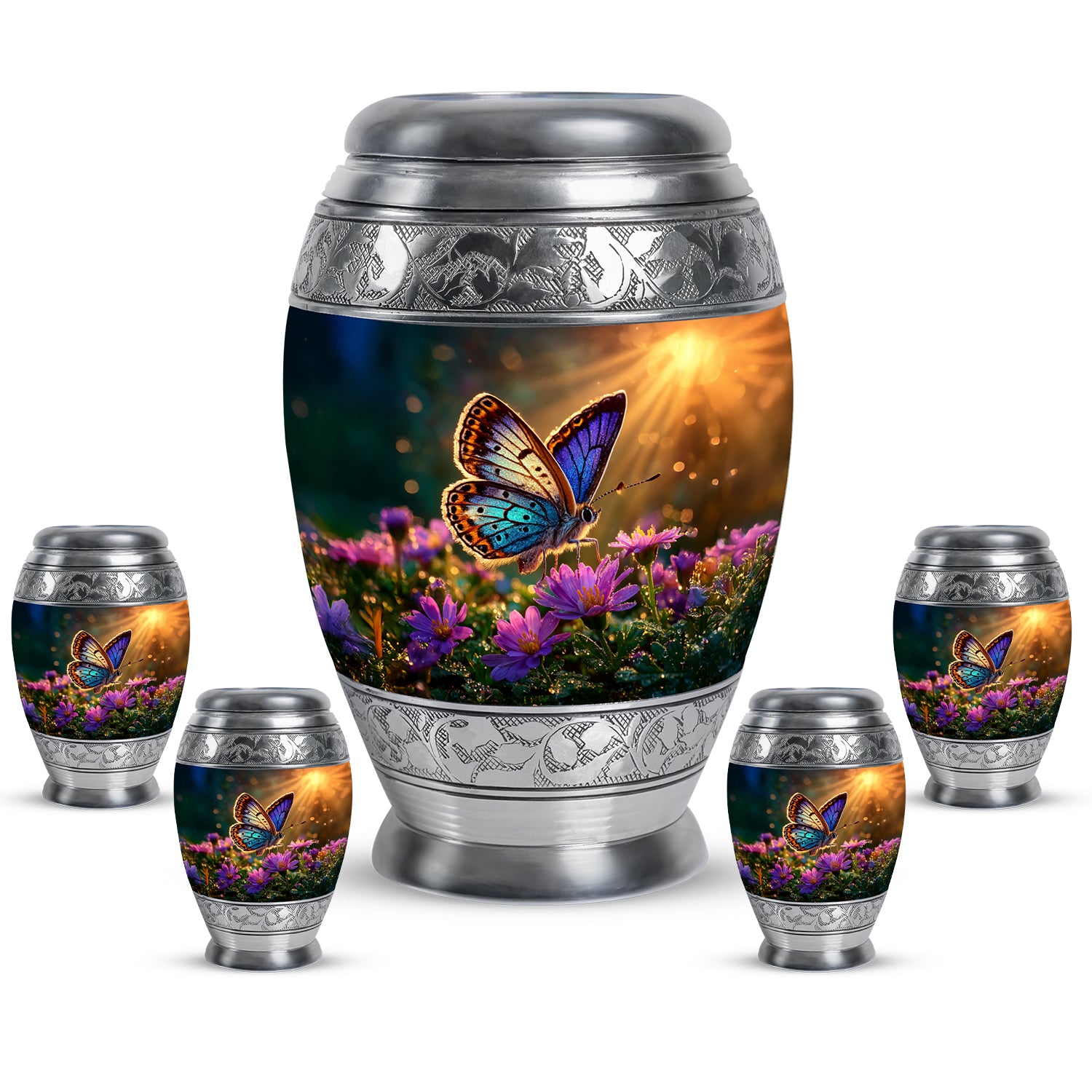 Gilded Gold Butterfly Cremation Urn detail view - regal butterfly design with crown-inspired accents - memorial set with one large and four small urns