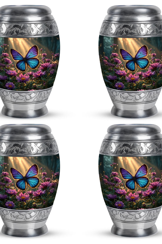 Warm Gold Butterfly Cremation Urn urn with complimentary velvet bag - majestic butterfly pattern with filigree border - 10 inch aluminum urn for cremated remains