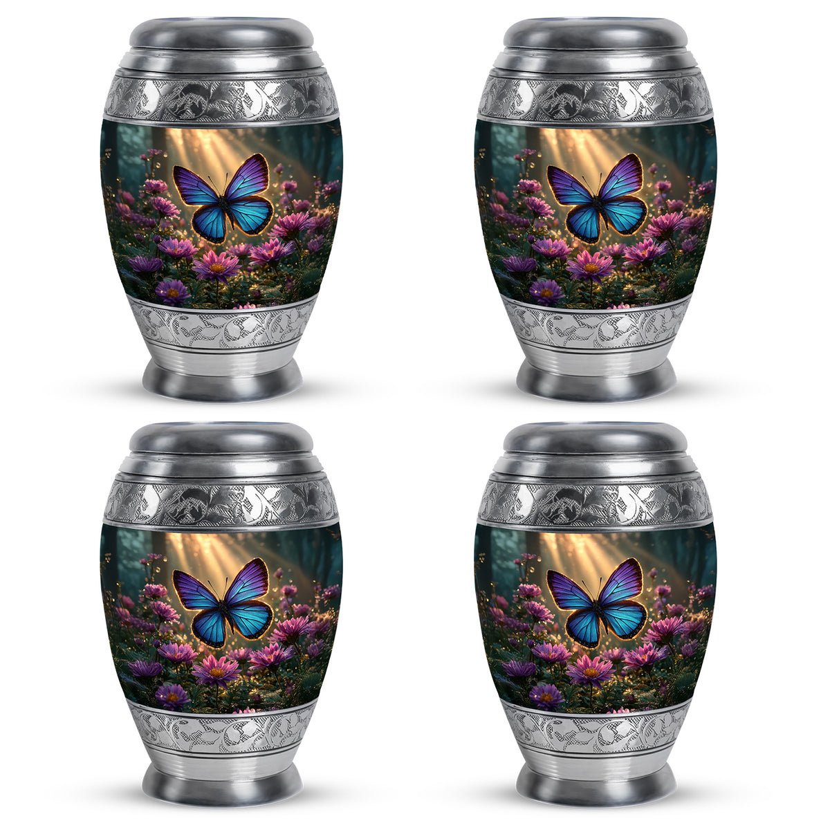 Warm Gold Butterfly Cremation Urn urn with complimentary velvet bag - majestic butterfly pattern with filigree border - 10 inch aluminum urn for cremated remains