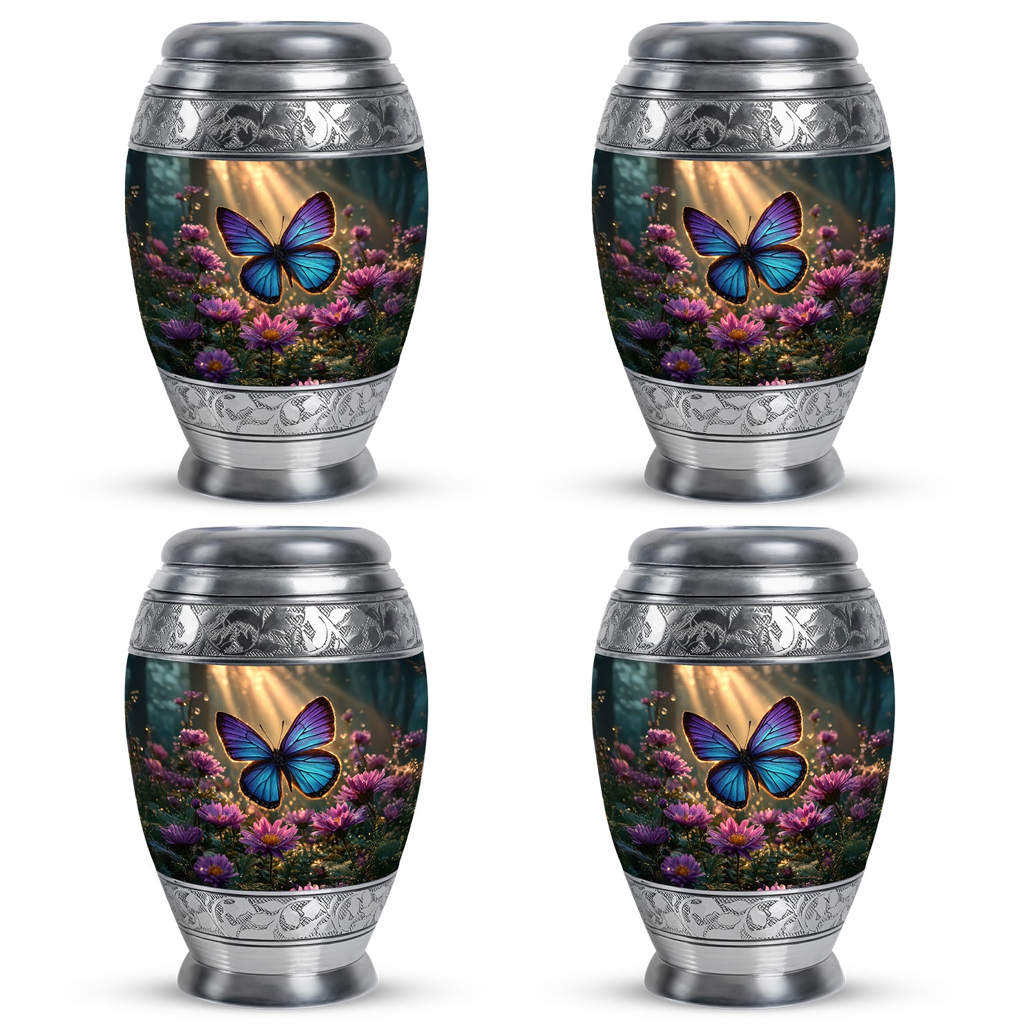 Warm Gold Butterfly Cremation Urn urn with complimentary velvet bag - majestic butterfly pattern with filigree border - 10 inch aluminum urn for cremated remains