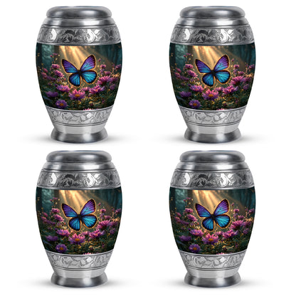 Warm Gold Butterfly Cremation Urn urn with complimentary velvet bag - majestic butterfly pattern with filigree border - 10 inch aluminum urn for cremated remains