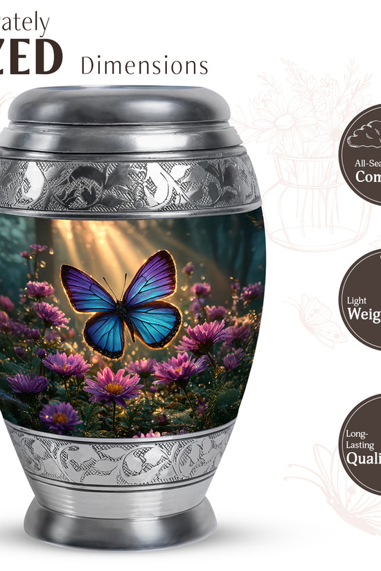 Harvest Gold Butterfly Cremation Urn lifestyle display on memorial shelf - majestic butterfly pattern with filigree border - mini keepsake memorial for portion of cremation ashes
