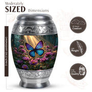 Harvest Gold Butterfly Cremation Urn lifestyle display on memorial shelf - majestic butterfly pattern with filigree border - mini keepsake memorial for portion of cremation ashes