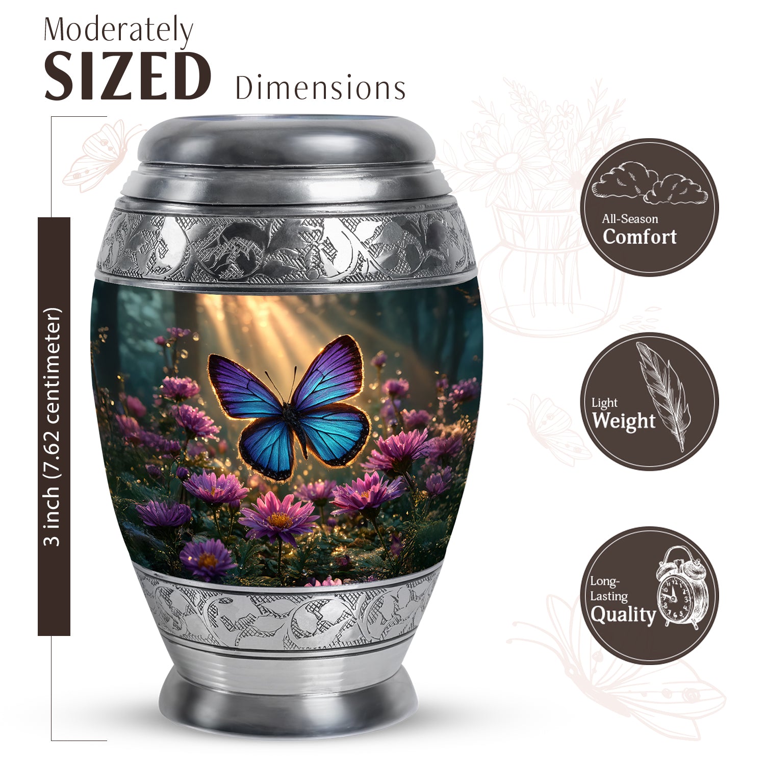 Harvest Gold Butterfly Cremation Urn lifestyle display on memorial shelf - majestic butterfly pattern with filigree border - mini keepsake memorial for portion of cremation ashes