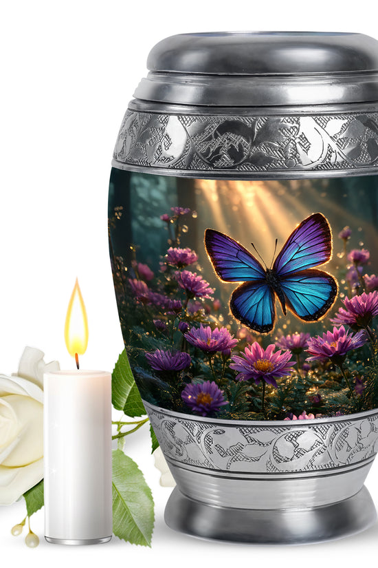 Gilded Gold Butterfly Cremation Urn back view with polished surface - ornate monarch-style butterfly relief on brushed aluminum - full-size 10 inch 200 cubic inch adult cremation urn