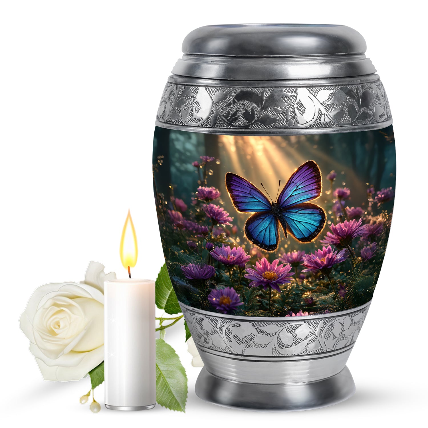Gilded Gold Butterfly Cremation Urn back view with polished surface - ornate monarch-style butterfly relief on brushed aluminum - full-size 10 inch 200 cubic inch adult cremation urn