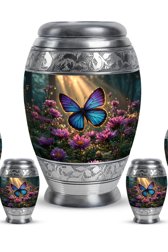 Harvest Gold Butterfly Cremation Urn detail view - royal butterfly engraving with decorative scrollwork - memorial set with one large and four small urns