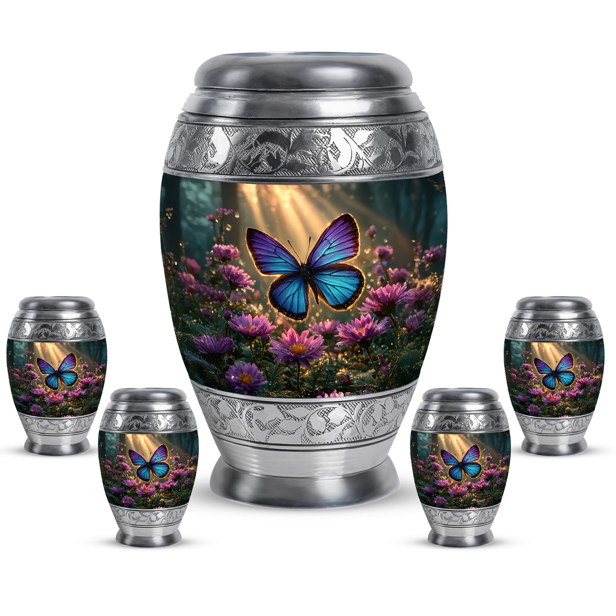 Harvest Gold Butterfly Cremation Urn detail view - royal butterfly engraving with decorative scrollwork - memorial set with one large and four small urns