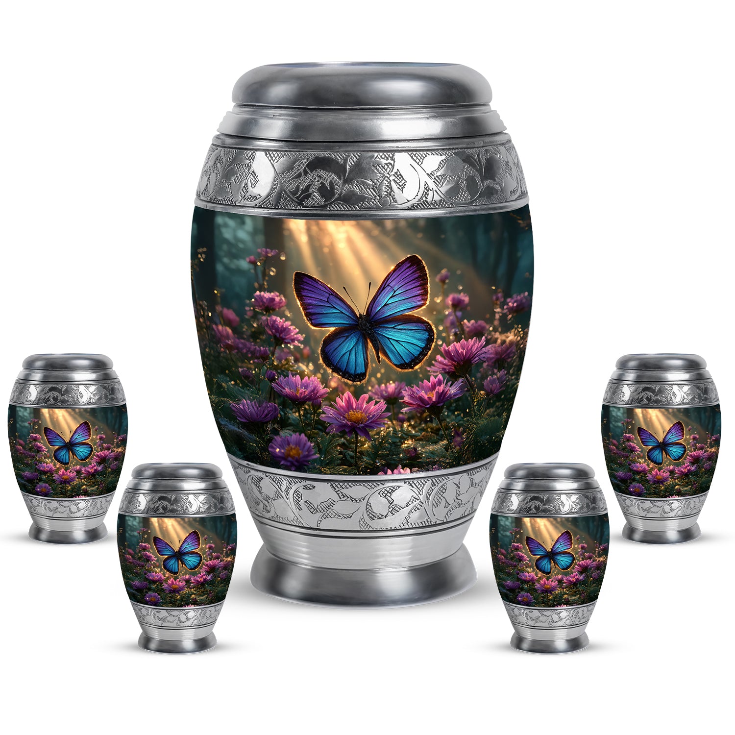 Harvest Gold Butterfly Cremation Urn detail view - royal butterfly engraving with decorative scrollwork - memorial set with one large and four small urns
