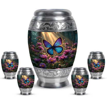 Harvest Gold Butterfly Cremation Urn detail view - royal butterfly engraving with decorative scrollwork - memorial set with one large and four small urns