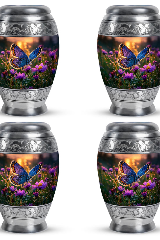 Antique Gold Butterfly Cremation Urn urn with complimentary velvet bag - regal butterfly design with crown-inspired accents - 10 inch aluminum urn for cremated remains