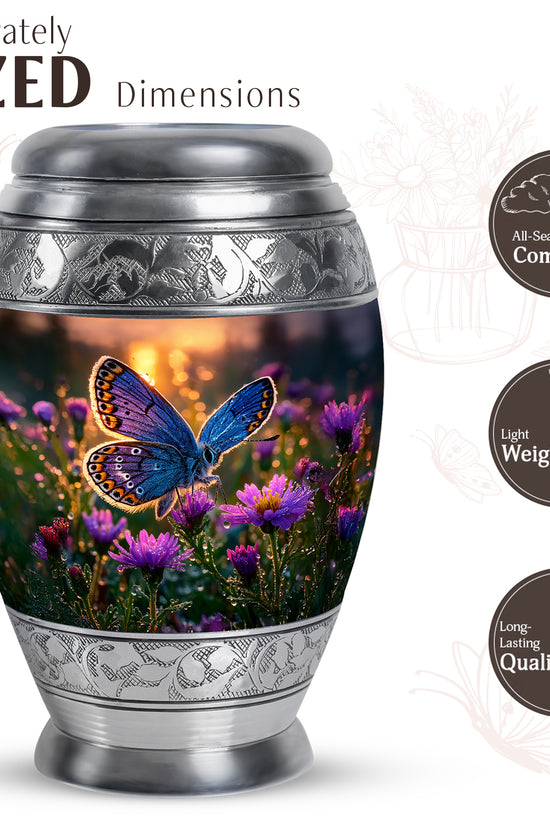 Royal Gold Butterfly Cremation Urn lifestyle display on memorial shelf - majestic butterfly pattern with filigree border - mini keepsake memorial for portion of cremation ashes