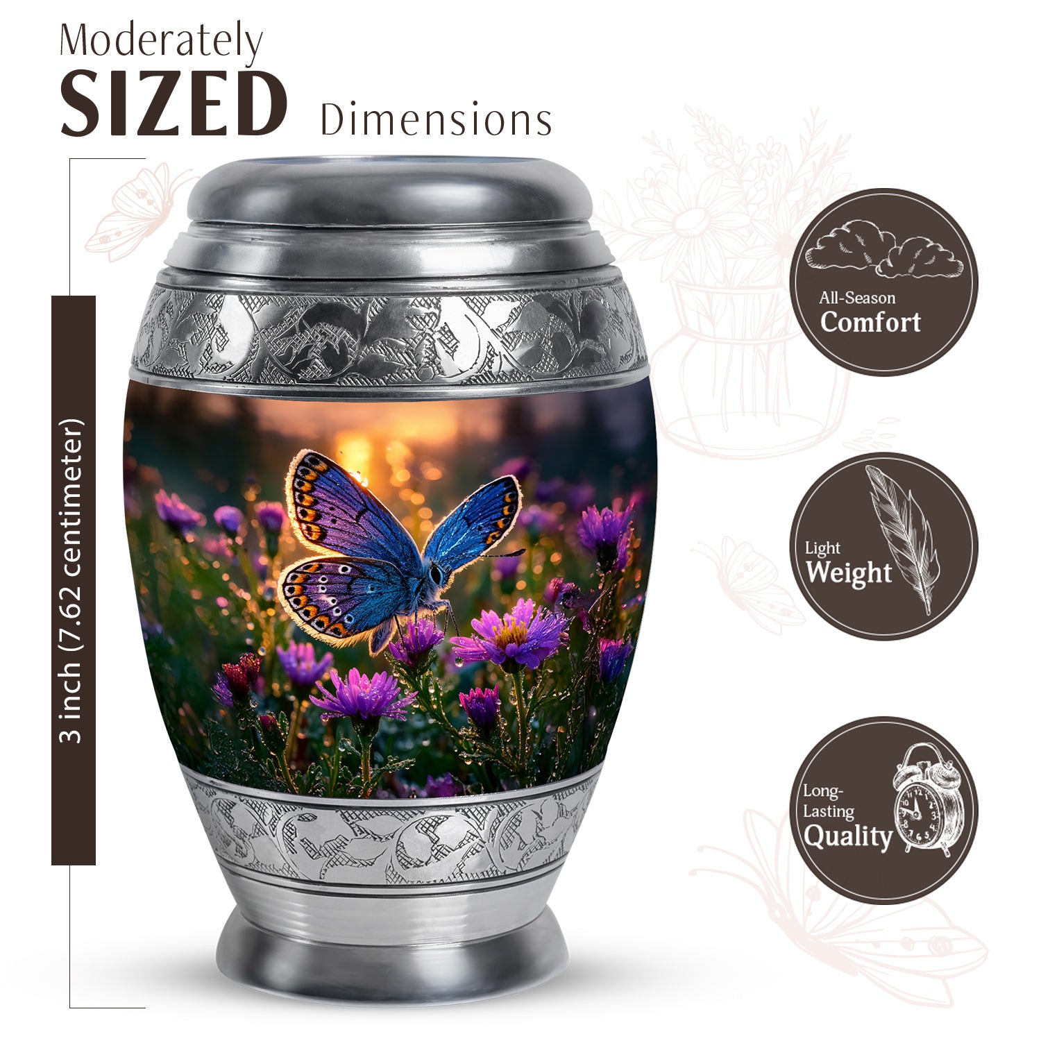 Royal Gold Butterfly Cremation Urn lifestyle display on memorial shelf - majestic butterfly pattern with filigree border - mini keepsake memorial for portion of cremation ashes