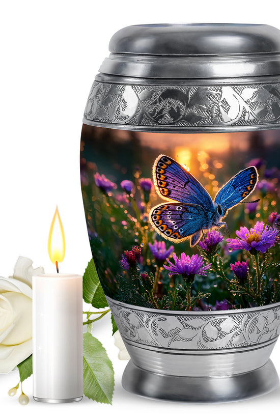 Gilded Gold Butterfly Cremation Urn back view with polished surface - ornate monarch-style butterfly relief on brushed aluminum - full-size 10 inch 200 cubic inch adult cremation urn