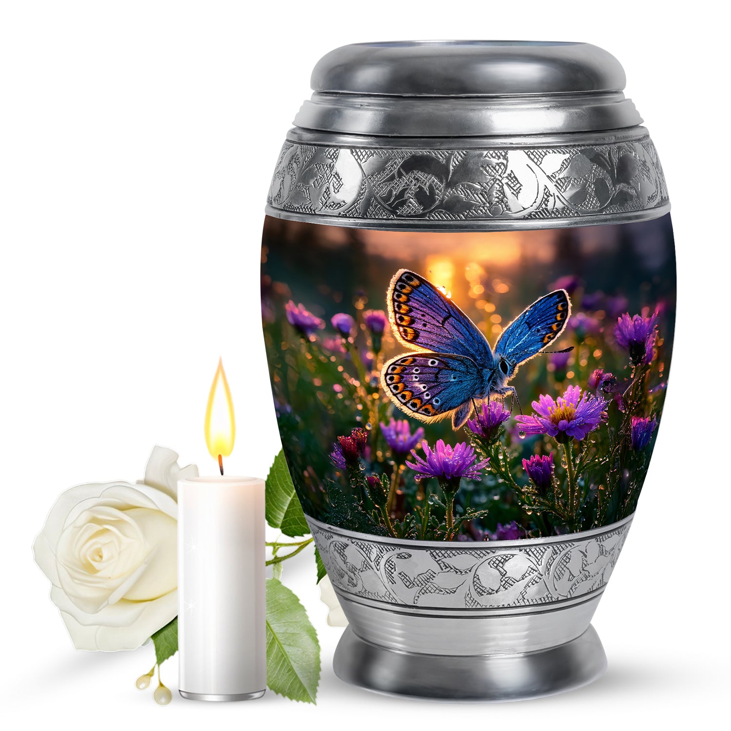 Gilded Gold Butterfly Cremation Urn back view with polished surface - ornate monarch-style butterfly relief on brushed aluminum - full-size 10 inch 200 cubic inch adult cremation urn