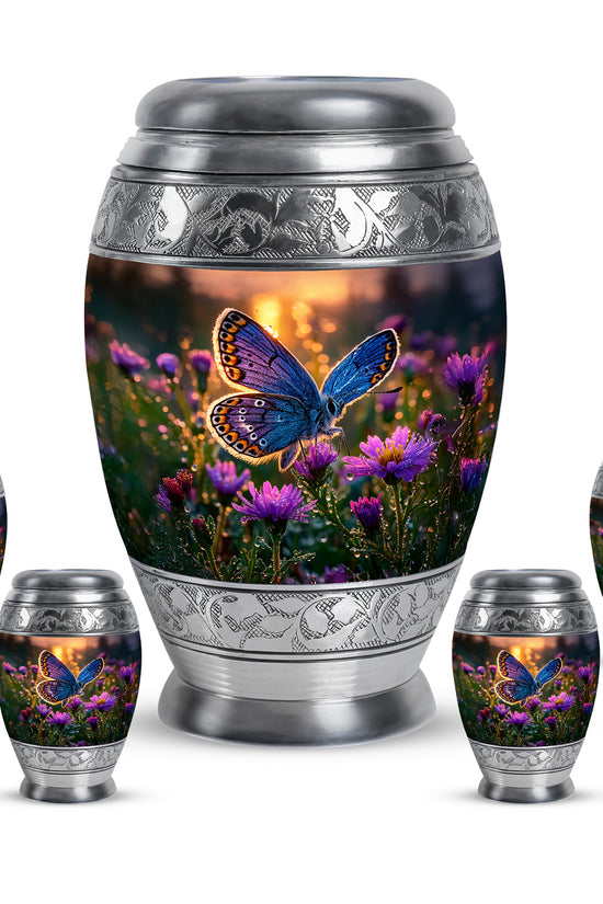 Harvest Gold Butterfly Cremation Urn detail view - majestic butterfly pattern with filigree border - memorial set with one large and four small urns