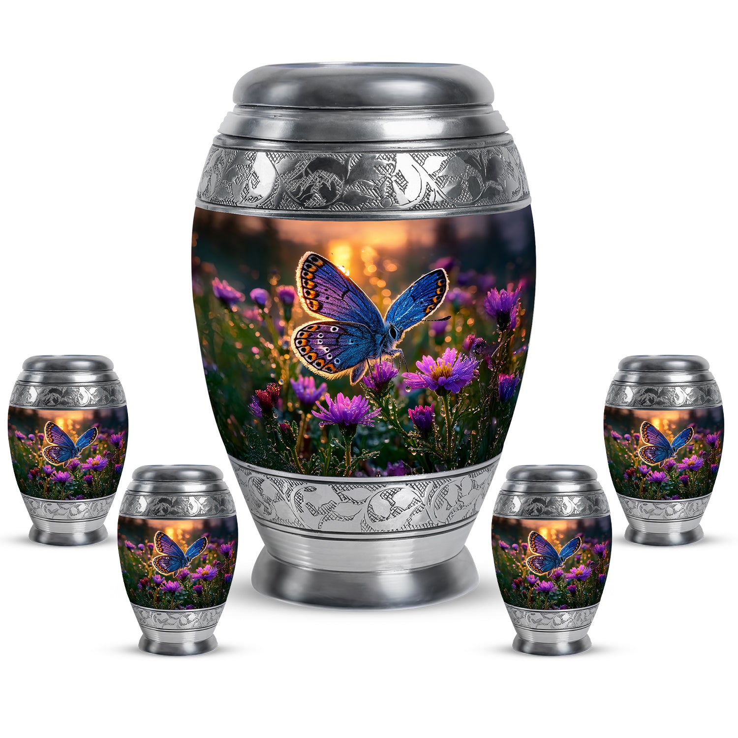 Harvest Gold Butterfly Cremation Urn detail view - majestic butterfly pattern with filigree border - memorial set with one large and four small urns