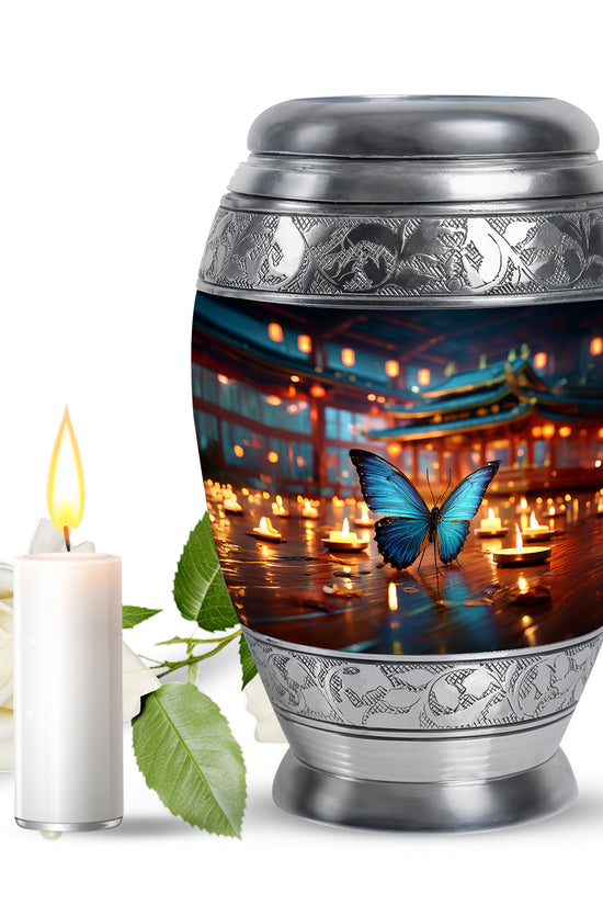 Distinguished Blue Butterfly Cremation Urn for Ashes - 10-inch, 200 cu in - Yatskia