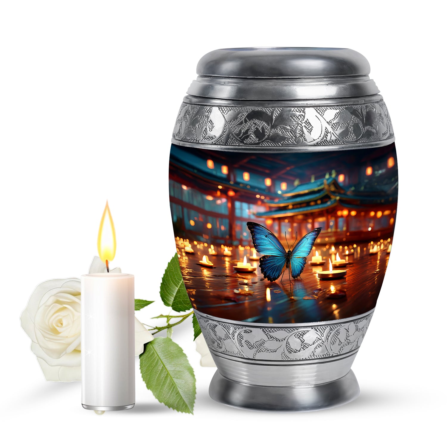 Distinguished Blue Butterfly Cremation Urn for Ashes - 10-inch, 200 cu in - Yatskia