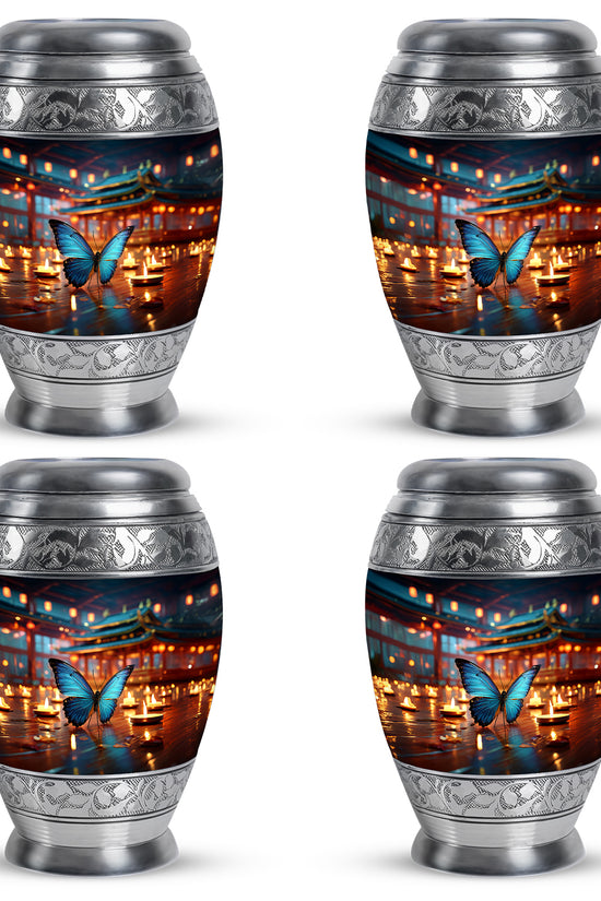 Twilight Blue Butterfly Cremation Urn urn with complimentary velvet bag - majestic butterfly pattern with filigree border - 10 inch aluminum urn for cremated remains