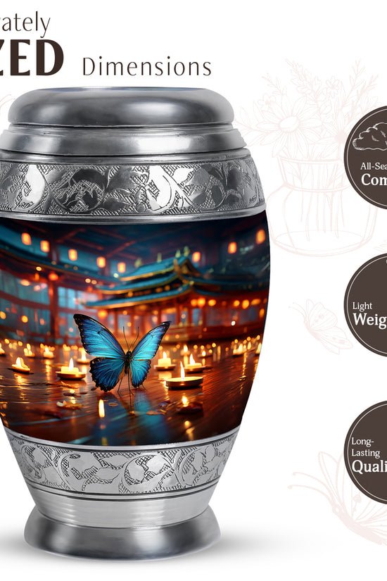 Icy Blue Butterfly Cremation Urn lifestyle display on memorial shelf - regal butterfly design with crown-inspired accents - mini keepsake memorial for portion of cremation ashes