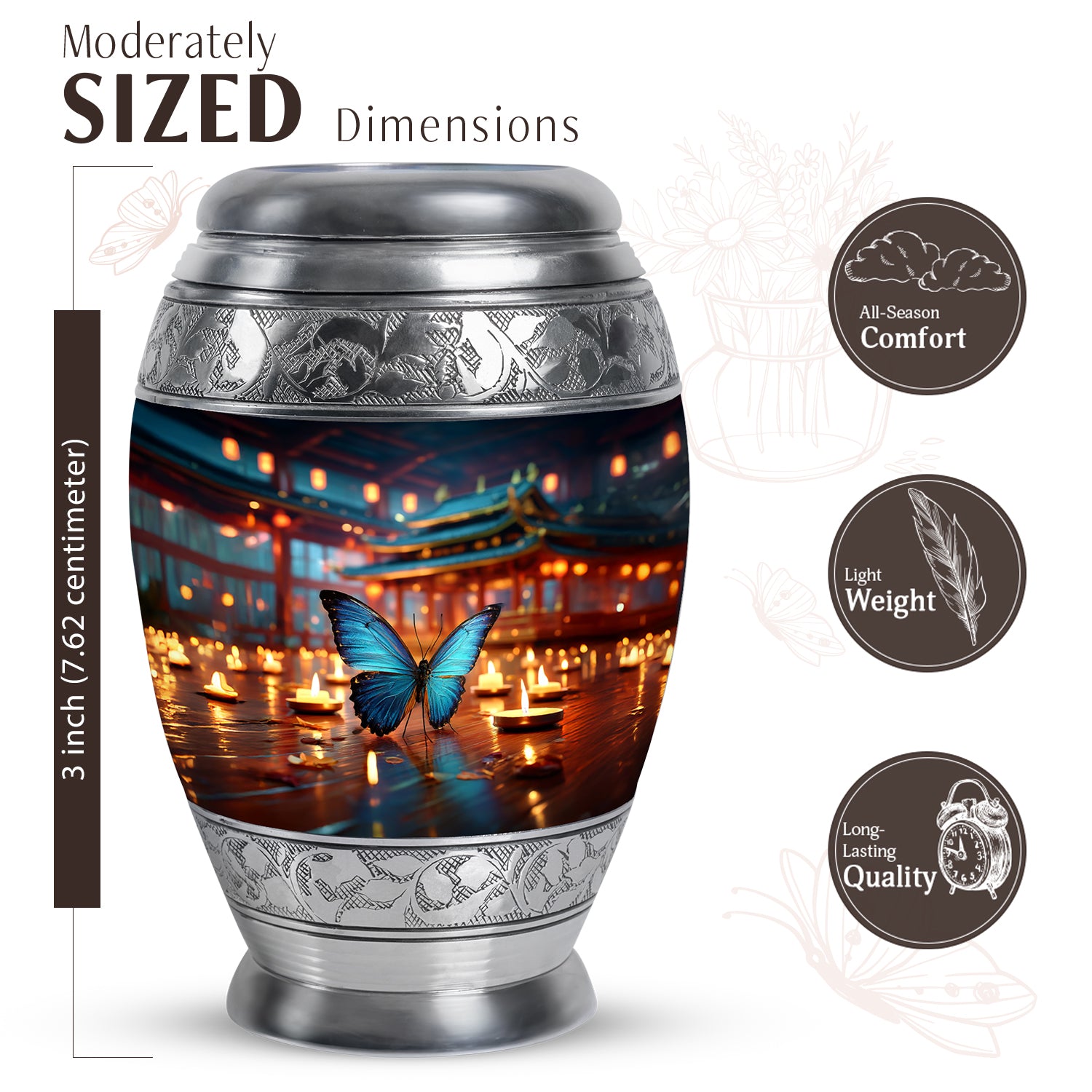 Icy Blue Butterfly Cremation Urn lifestyle display on memorial shelf - regal butterfly design with crown-inspired accents - mini keepsake memorial for portion of cremation ashes