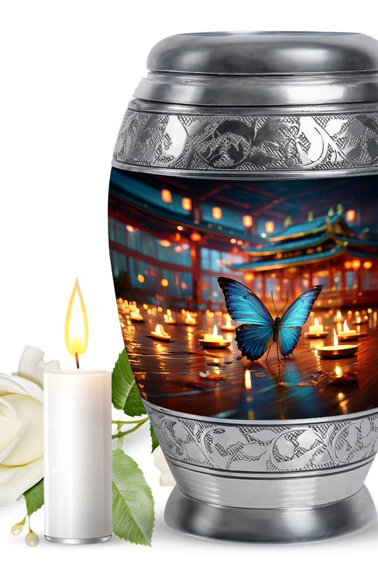 Azure Butterfly Cremation Urn back view with polished surface - regal butterfly design with crown-inspired accents - full-size 10 inch 200 cubic inch adult cremation urn