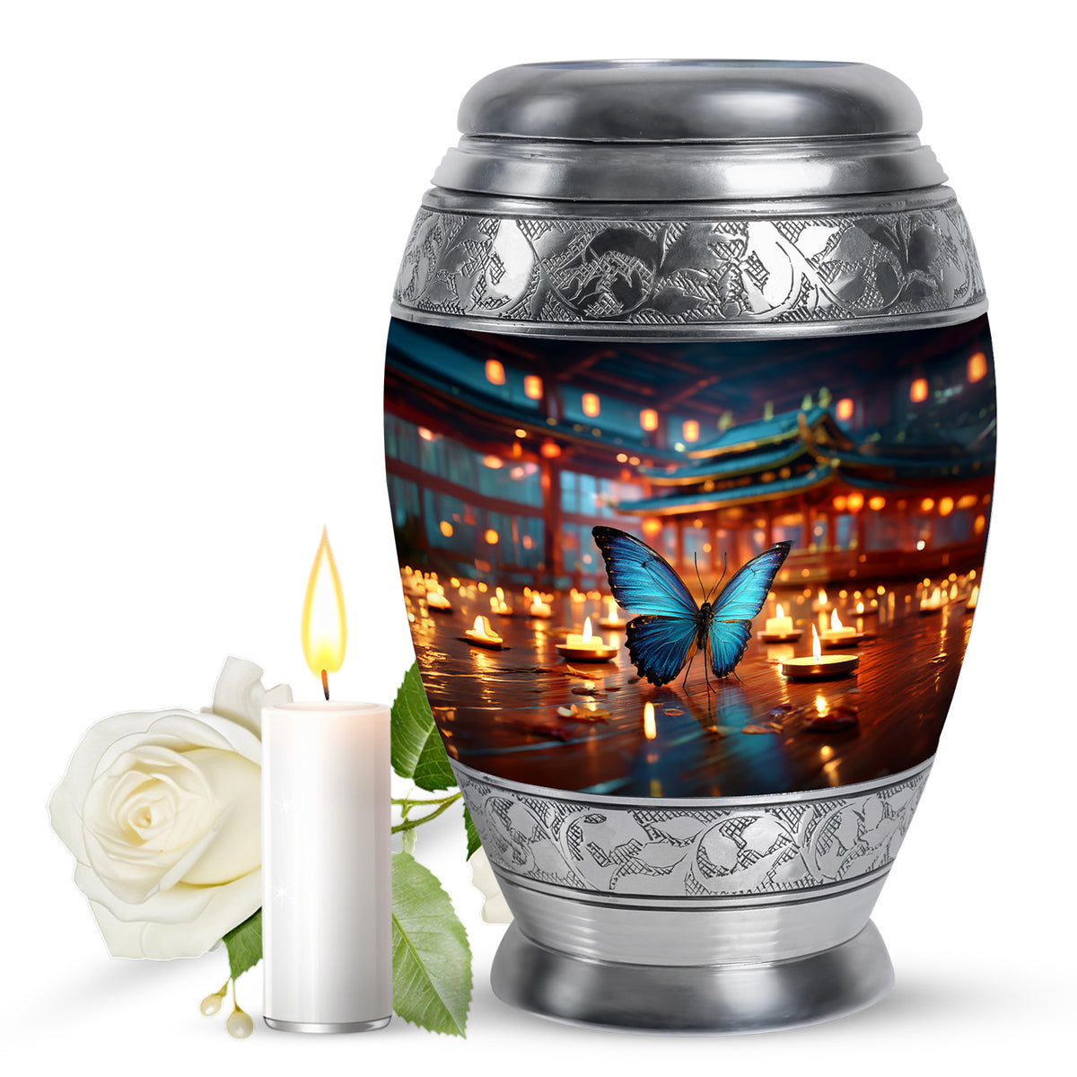 Azure Butterfly Cremation Urn back view with polished surface - regal butterfly design with crown-inspired accents - full-size 10 inch 200 cubic inch adult cremation urn
