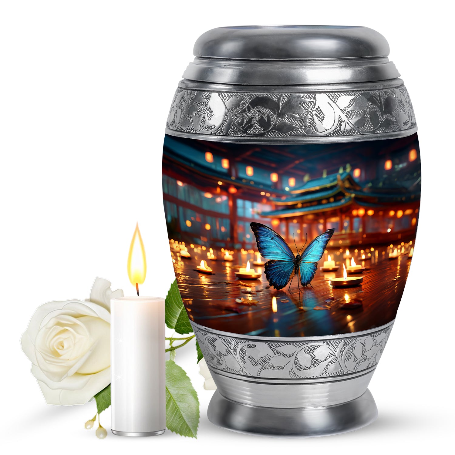 Azure Butterfly Cremation Urn back view with polished surface - regal butterfly design with crown-inspired accents - full-size 10 inch 200 cubic inch adult cremation urn