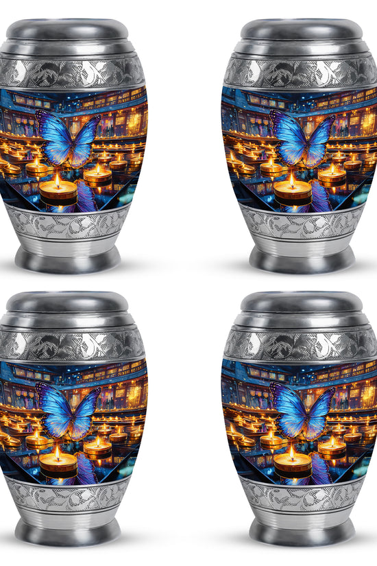 Silver Gray Butterfly Cremation Urn urn with complimentary velvet bag - regal butterfly design with crown-inspired accents - 10 inch aluminum urn for cremated remains