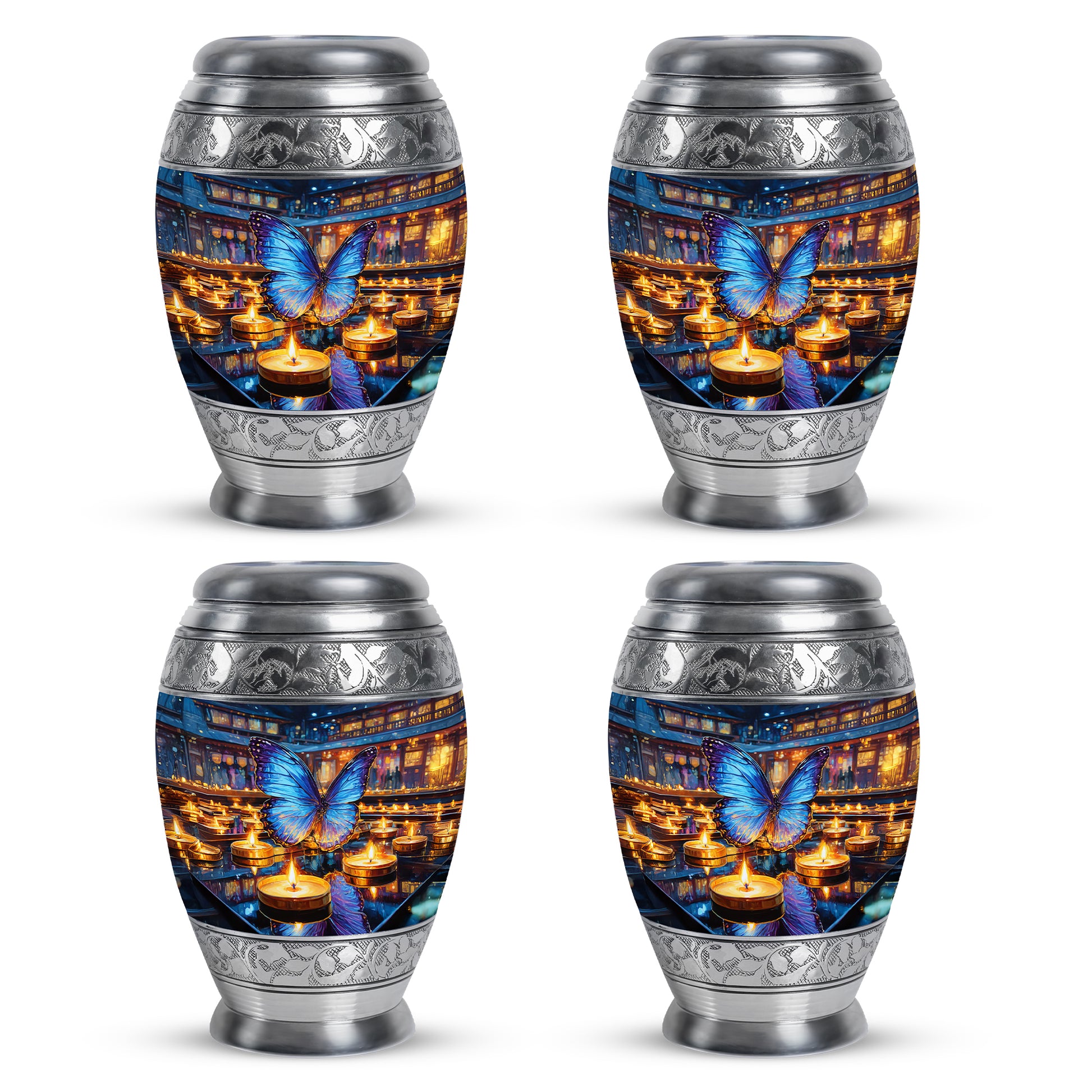 Silver Gray Butterfly Cremation Urn urn with complimentary velvet bag - regal butterfly design with crown-inspired accents - 10 inch aluminum urn for cremated remains