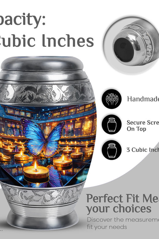 Silver Gray Butterfly Cremation Urn lifestyle display on memorial shelf - ornate monarch-style butterfly relief on brushed aluminum - mini keepsake memorial for portion of cremation ashes