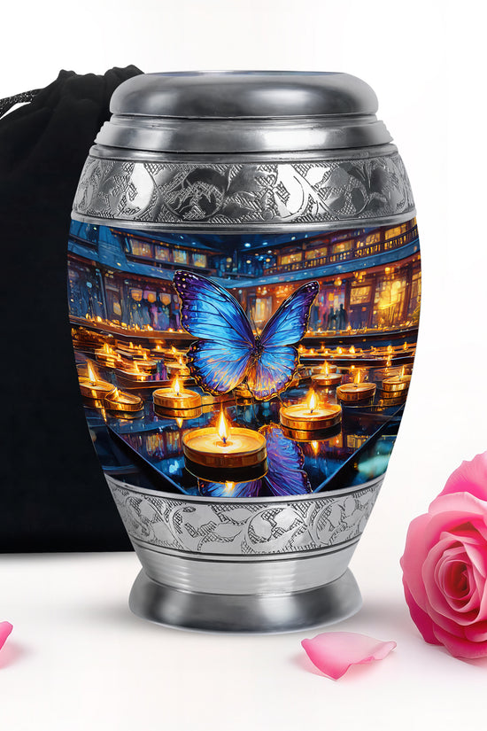 Smoke Gray Butterfly Cremation Urn back view with polished surface - majestic butterfly pattern with filigree border - full-size 10 inch 200 cubic inch adult cremation urn