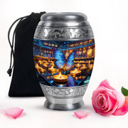 Smoke Gray Butterfly Cremation Urn back view with polished surface - majestic butterfly pattern with filigree border - full-size 10 inch 200 cubic inch adult cremation urn