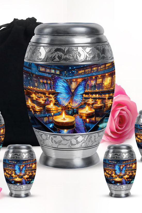 Slate Gray Butterfly Cremation Urn detail view - majestic butterfly pattern with filigree border - memorial set with one large and four small urns