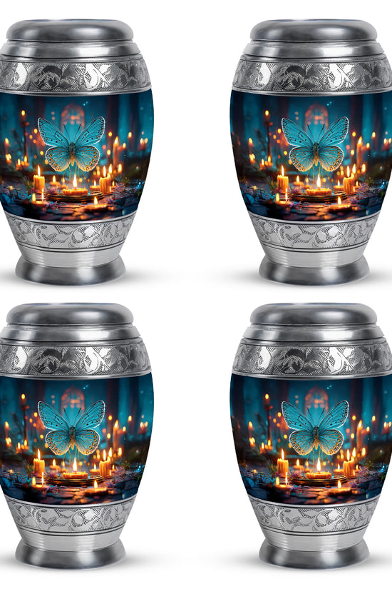 Bright Blue Butterfly Cremation Urn urn with complimentary velvet bag - royal butterfly engraving with decorative scrollwork - 10 inch aluminum urn for cremated remains