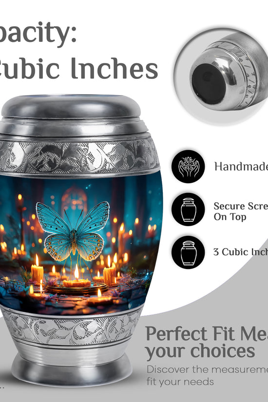 Misty Blue Butterfly Cremation Urn lifestyle display on memorial shelf - ornate monarch-style butterfly relief on brushed aluminum - mini keepsake memorial for portion of cremation ashes
