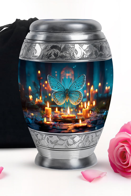 Powder Blue Butterfly Cremation Urn back view with polished surface - ornate monarch-style butterfly relief on brushed aluminum - full-size 10 inch 200 cubic inch adult cremation urn