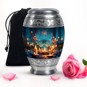 Powder Blue Butterfly Cremation Urn back view with polished surface - ornate monarch-style butterfly relief on brushed aluminum - full-size 10 inch 200 cubic inch adult cremation urn