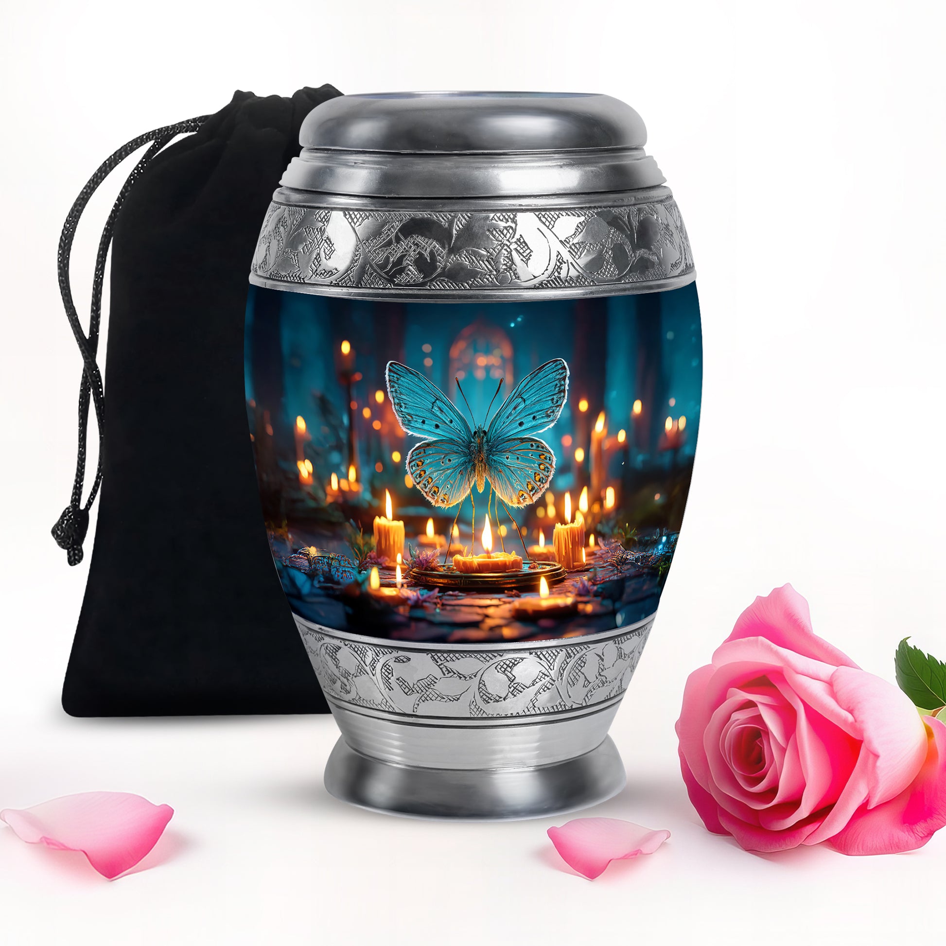 Powder Blue Butterfly Cremation Urn back view with polished surface - ornate monarch-style butterfly relief on brushed aluminum - full-size 10 inch 200 cubic inch adult cremation urn