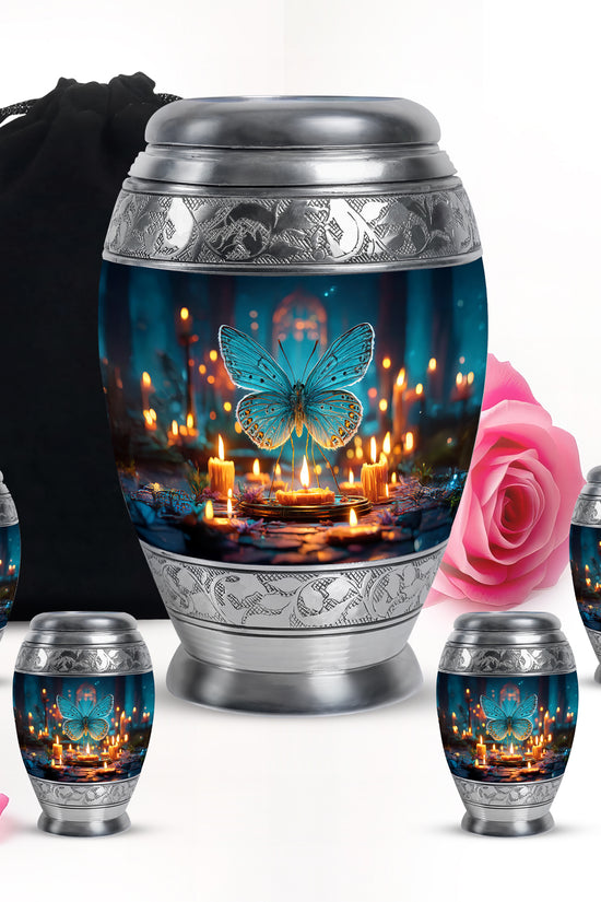 Serene Blue Butterfly Cremation Urn detail view - majestic butterfly pattern with filigree border - memorial set with one large and four small urns