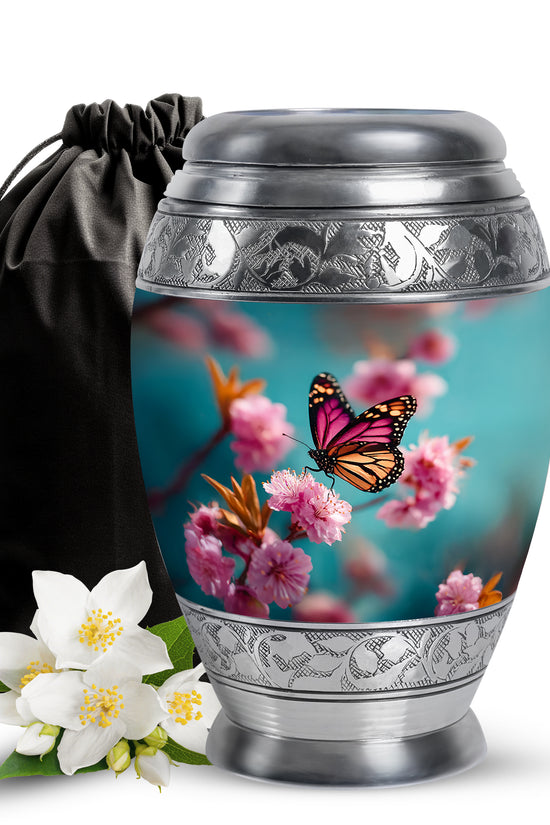 Pink Butterfly Funeral Urn - Floral Cremation Urn For Human Ashes